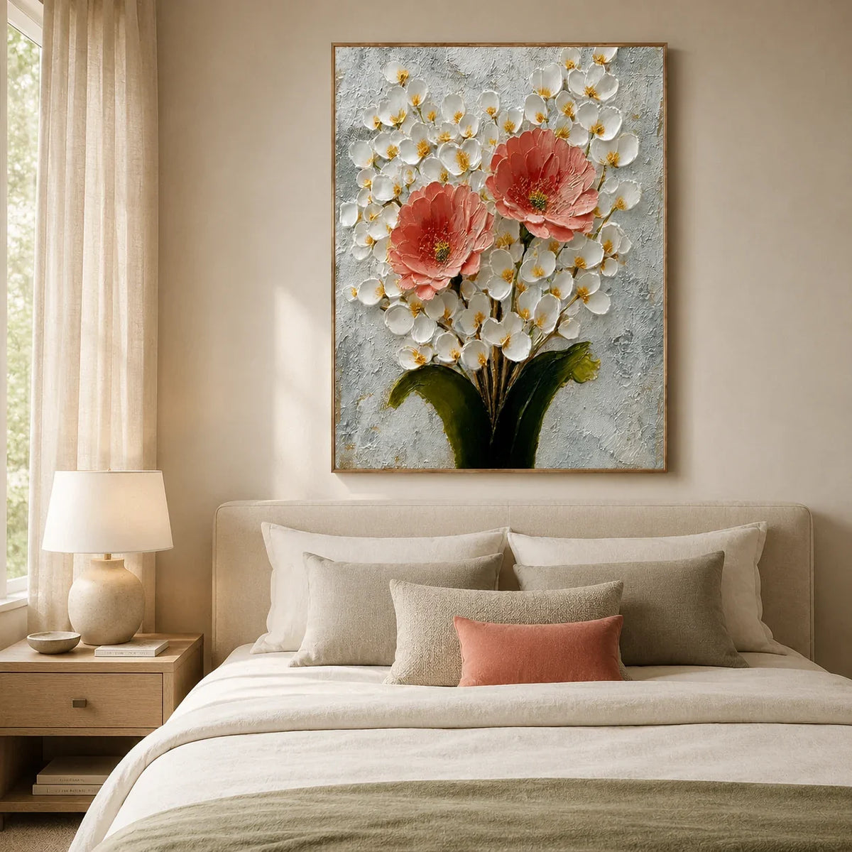 Coral Blossom Floral Wall Art displayed above a serene bedroom | Olyrel