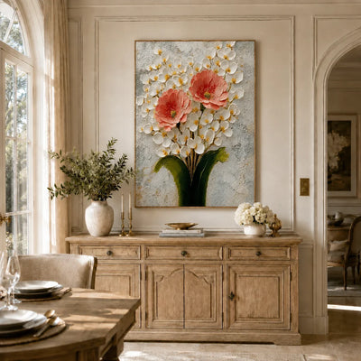 Coral Blossom Floral Wall Art styled in an elegant dining room | Olyrel