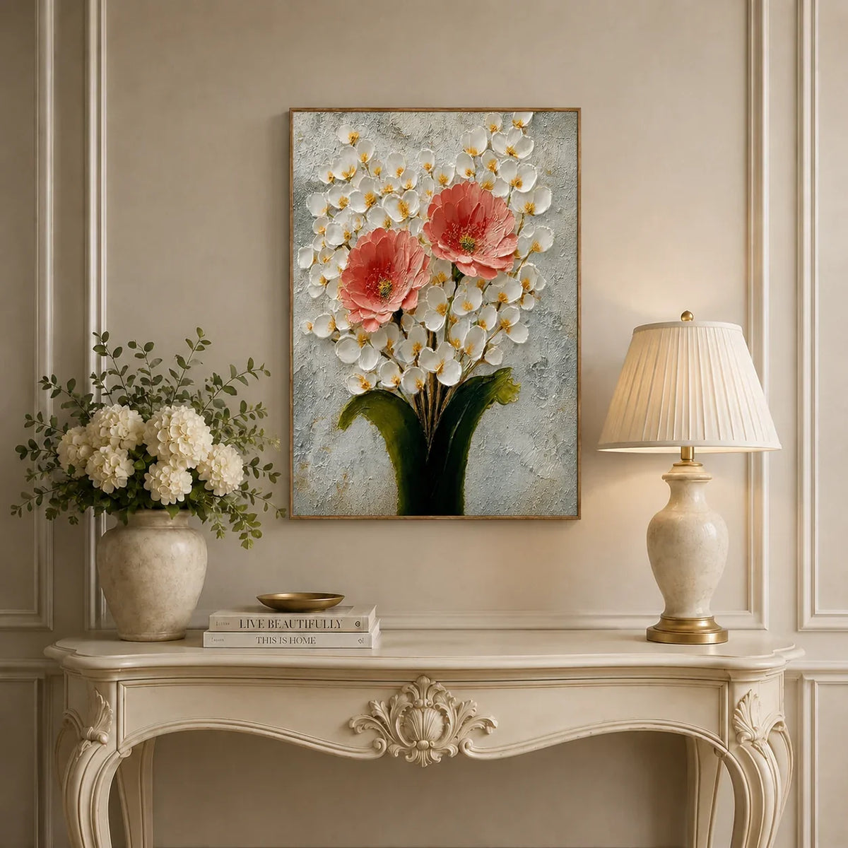 Coral Blossom Floral Wall Art displayed in a refined entryway | Olyrel