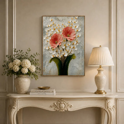 Coral Blossom Floral Wall Art displayed in a refined entryway | Olyrel