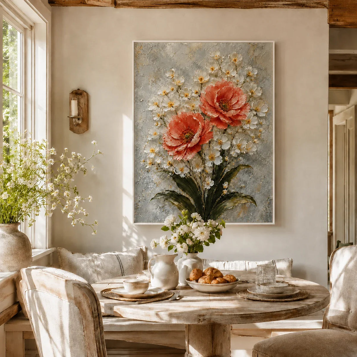 Coral Blossom Floral Wall Art in a warm dining room setting | Olyrel