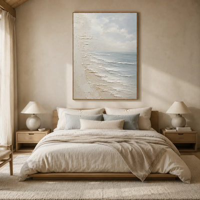 Quiet Shore Seascape Wall Art styled in a bedroom | Olyrel