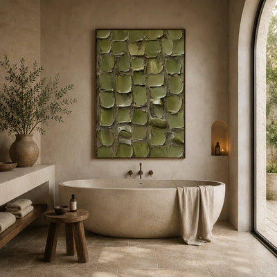 Olive Tile Textured Wall Art styled in a bathroom | Olyrel