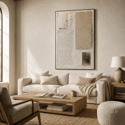 Soft Blocks Textured Wall Art shown in a calm bedroom setting | Olyrel