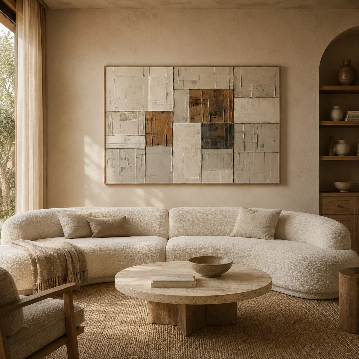 Ochre Patchwork Abstract Wall Art room scene 2 | Olyrel