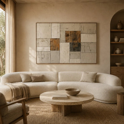 Ochre Patchwork Abstract Wall Art room scene 2 | Olyrel