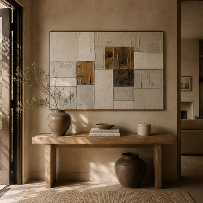 Ochre Patchwork Abstract Wall Art room scene 4 | Olyrel