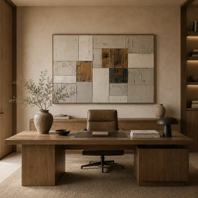 Ochre Patchwork Abstract Wall Art room scene 5 | Olyrel