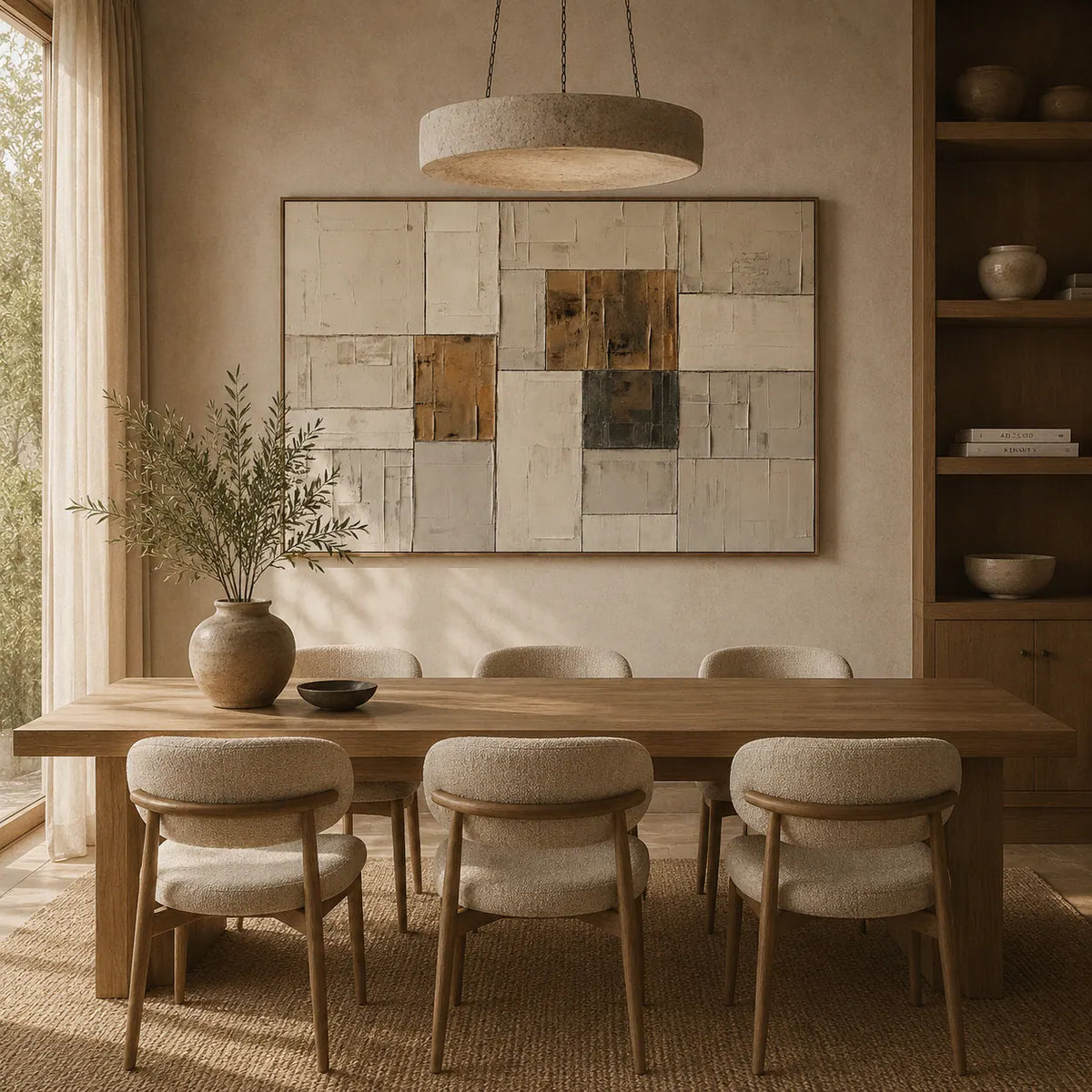 Ochre Patchwork Abstract Wall Art room scene 6 | Olyrel