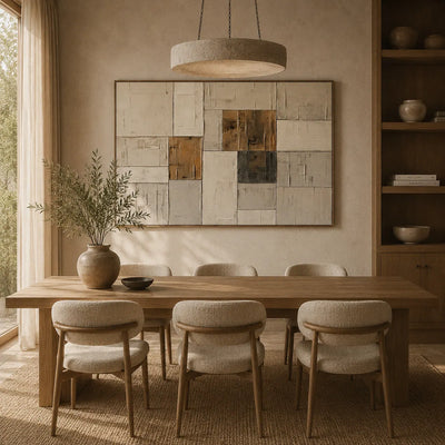 Ochre Patchwork Abstract Wall Art room scene 6 | Olyrel