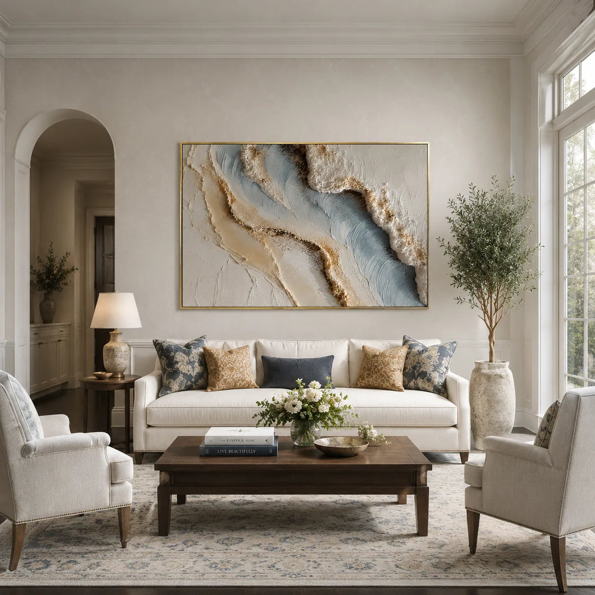 Blue Shore Textured Wall Art styled in a modern living room | Olyrel