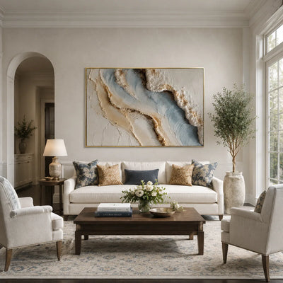 Blue Shore Textured Wall Art styled in a modern living room | Olyrel