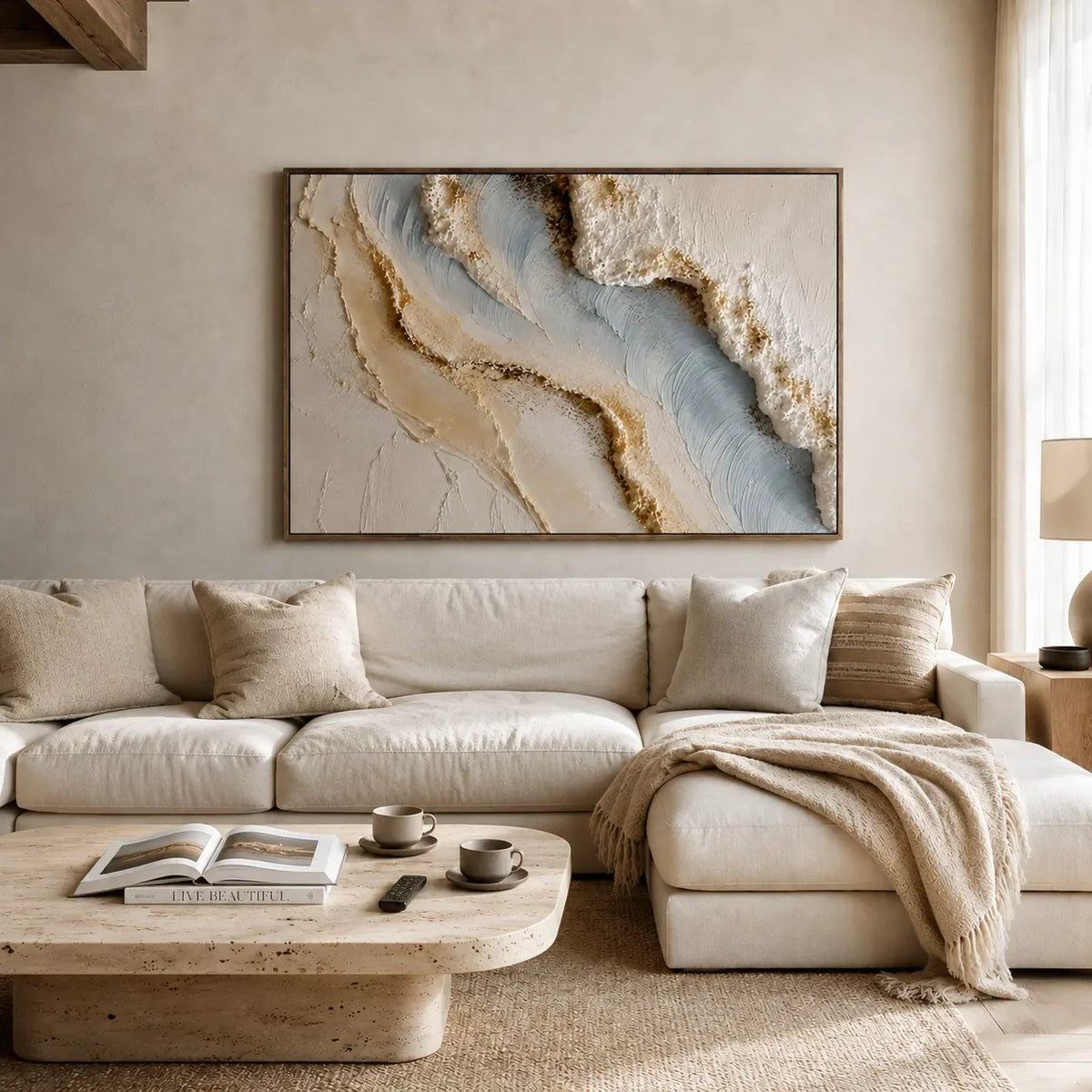 Blue Shore Textured Wall Art displayed above a sofa in a neutral interior | Olyrel