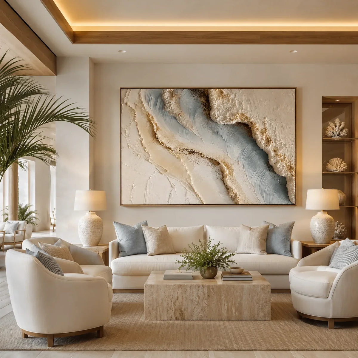 Blue Shore Textured Wall Art shown in a quiet home office | Olyrel