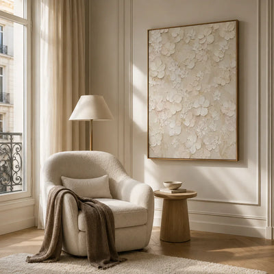 Ivory Garden Relief Wall Art styled in a reading corner | Olyrel