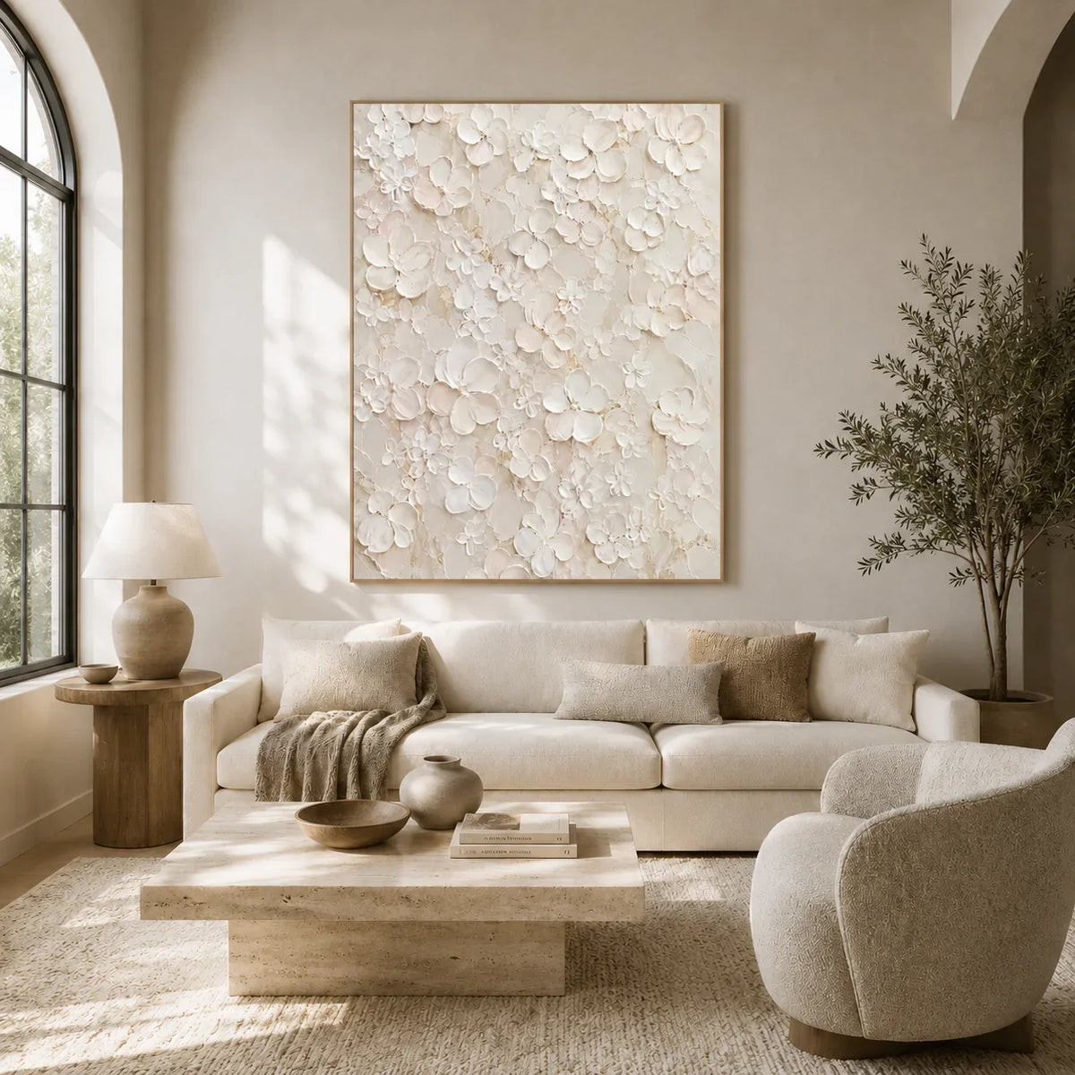 Ivory Garden Relief Wall Art styled in a living room | Olyrel