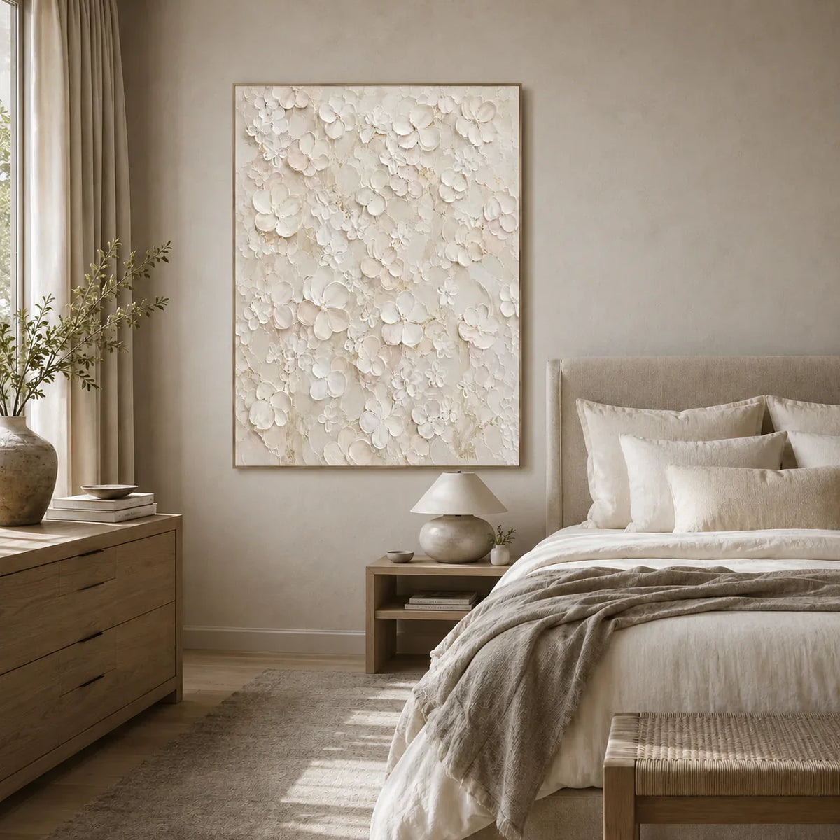 Ivory Garden Relief Wall Art styled in a bedroom | Olyrel