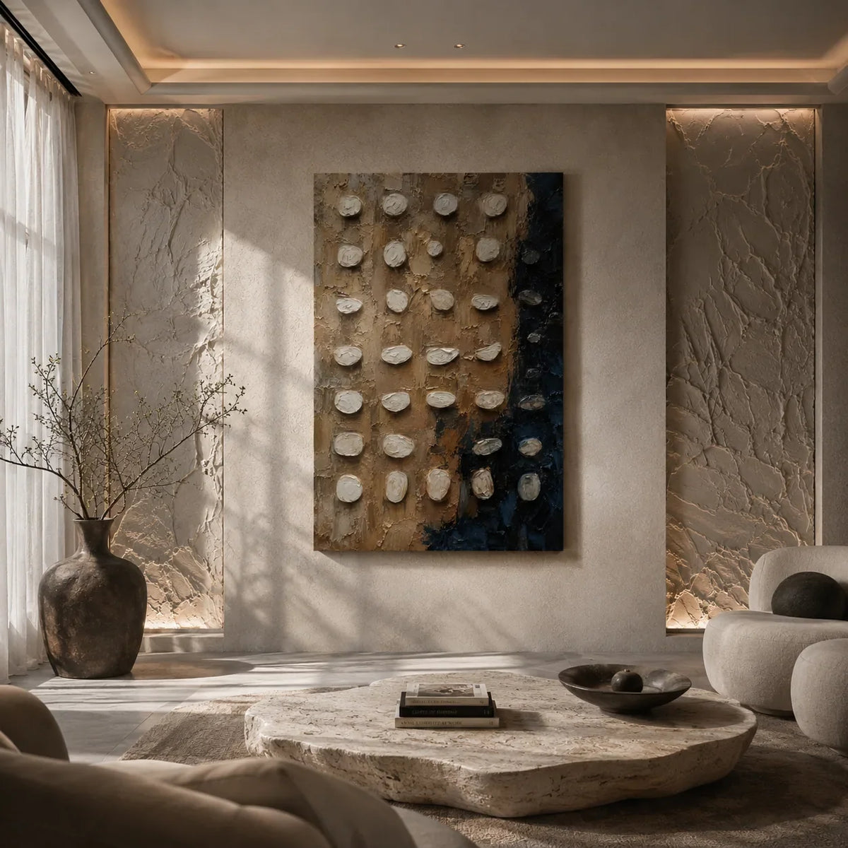 Pebble Grid Textured Wall Art shown in a calm bedroom setting | Olyrel