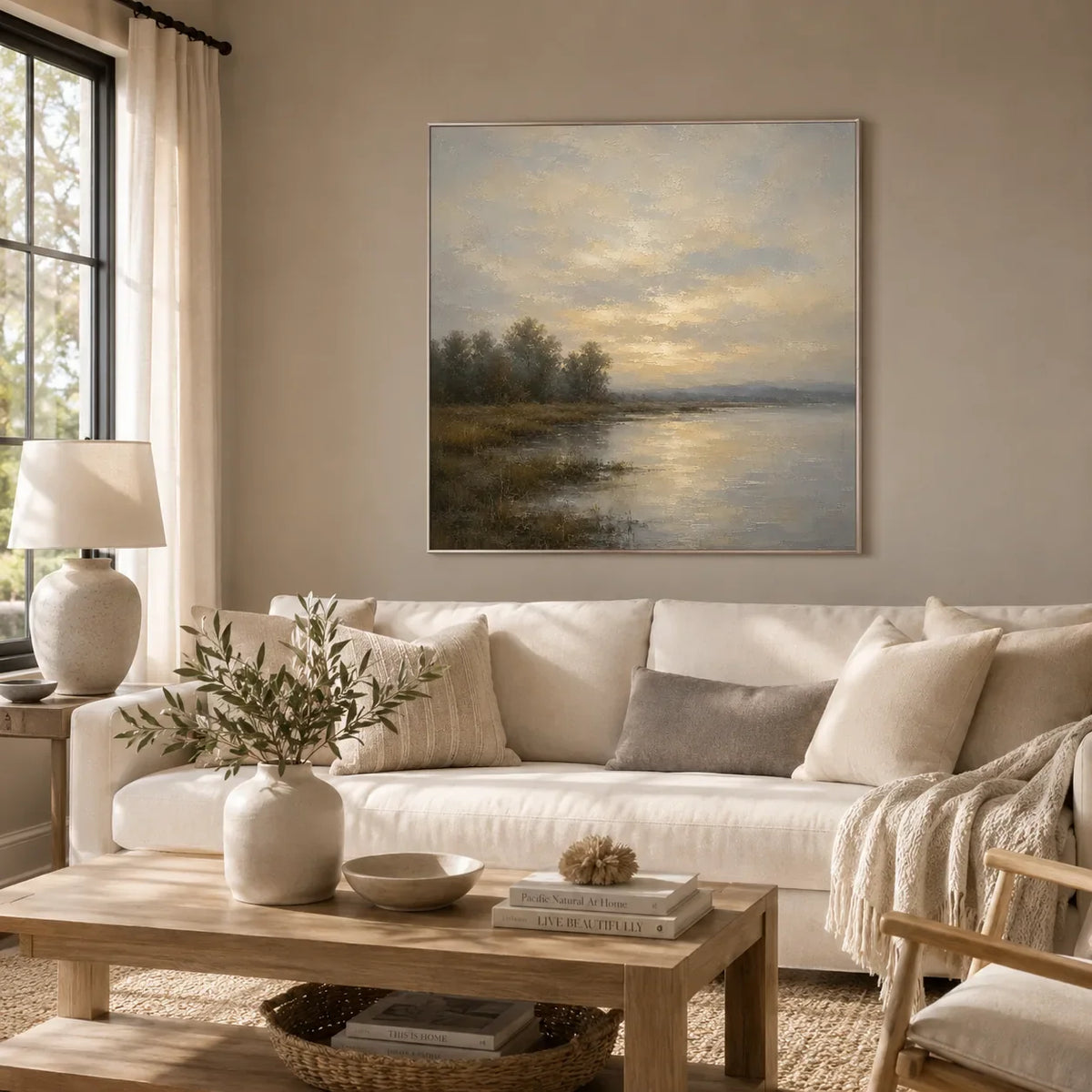 Misty Lake Landscape Wall Art room scene 2 | Olyrel