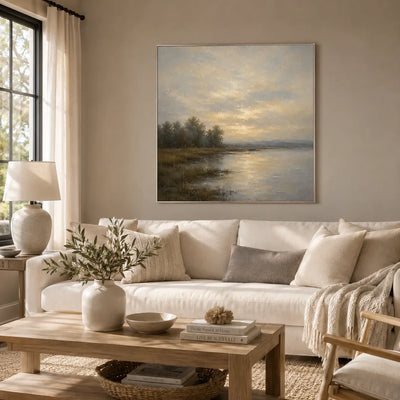 Misty Lake Landscape Wall Art room scene 2 | Olyrel