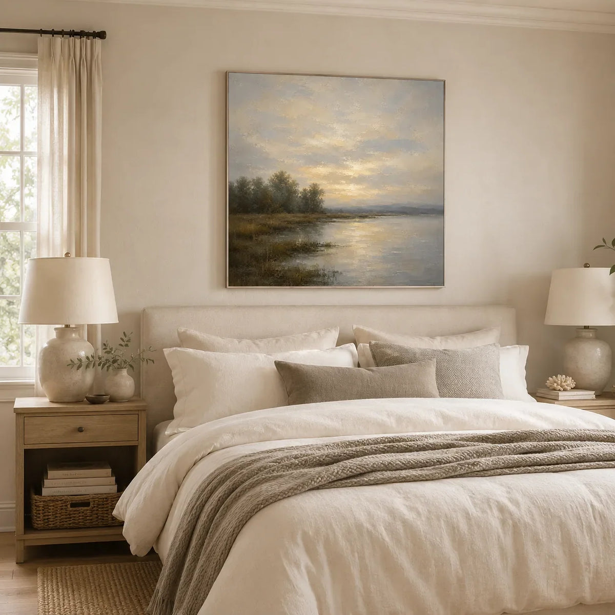 Misty Lake Landscape Wall Art room scene 4 | Olyrel