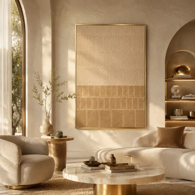 Sand Grid Textured Wall Art shown in a calm bedroom setting | Olyrel