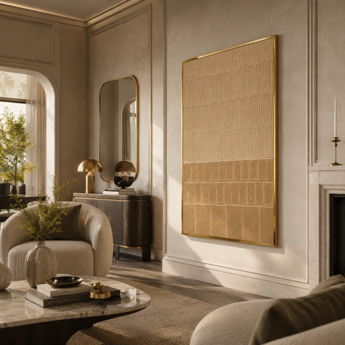 Sand Grid Textured Wall Art styled in a contemporary entryway | Olyrel