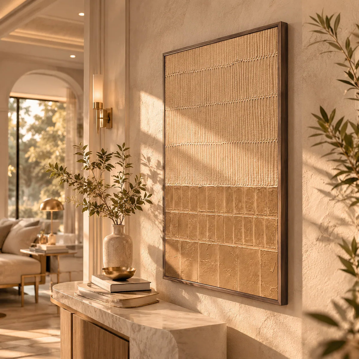 Sand Grid Textured Wall Art displayed in a bright dining room | Olyrel