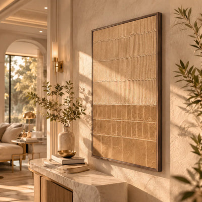Sand Grid Textured Wall Art displayed in a bright dining room | Olyrel