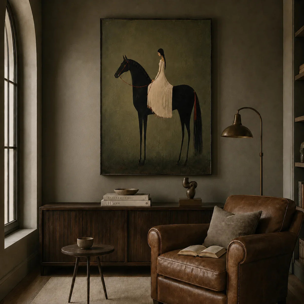 Rider in Olive Wall Art styled in a reading corner | Olyrel