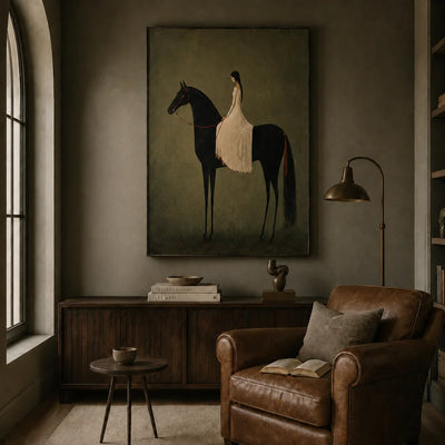 Rider in Olive Wall Art styled in a reading corner | Olyrel