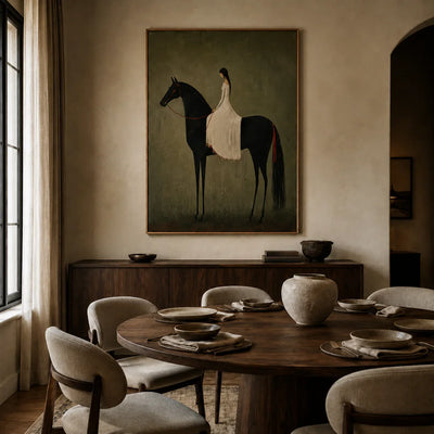 Rider in Olive Wall Art styled in a dining room | Olyrel