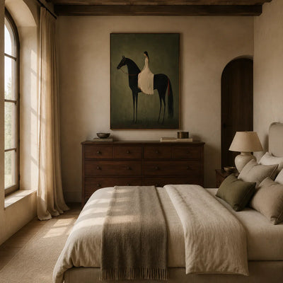 Rider in Olive Wall Art styled in a bedroom | Olyrel