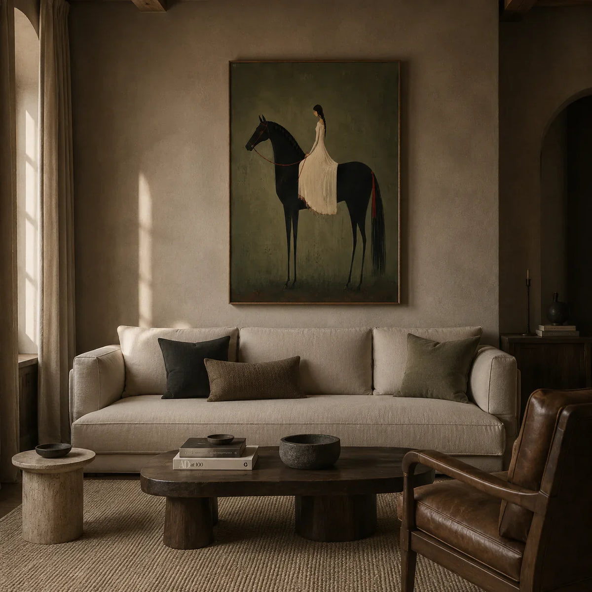 Rider in Olive Wall Art styled in a living room | Olyrel