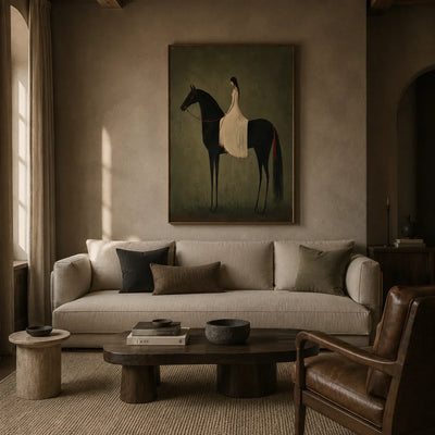 Rider in Olive Wall Art styled in a living room | Olyrel