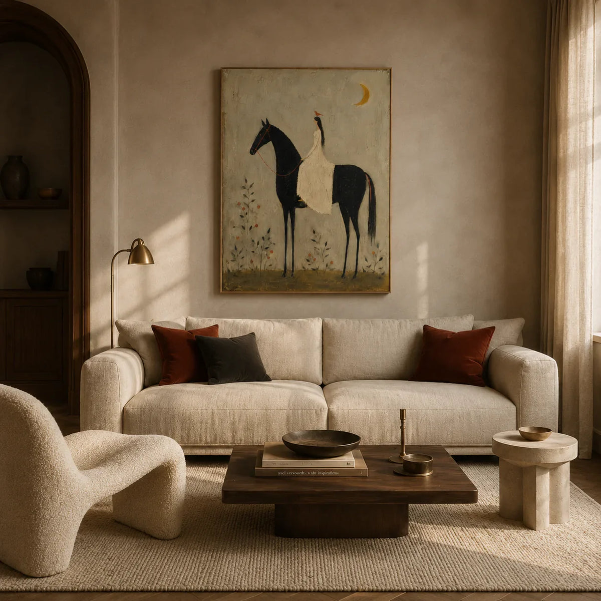 Moonlit Rider Horse Wall Art styled in a living room | Olyrel