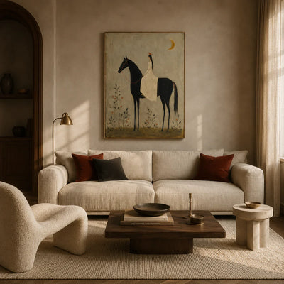 Moonlit Rider Horse Wall Art styled in a living room | Olyrel