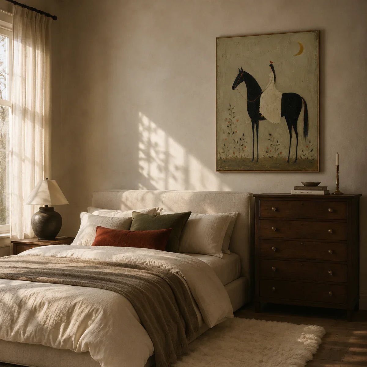 Moonlit Rider Horse Wall Art styled in a bedroom | Olyrel
