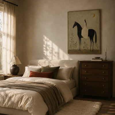 Moonlit Rider Horse Wall Art styled in a bedroom | Olyrel
