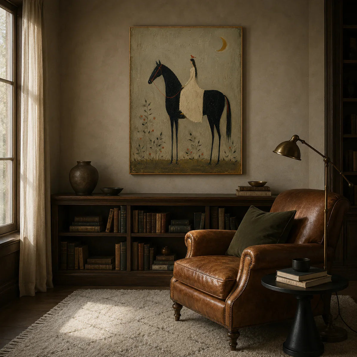 Moonlit Rider Horse Wall Art styled in a reading corner | Olyrel