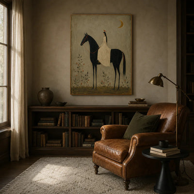 Moonlit Rider Horse Wall Art styled in a reading corner | Olyrel