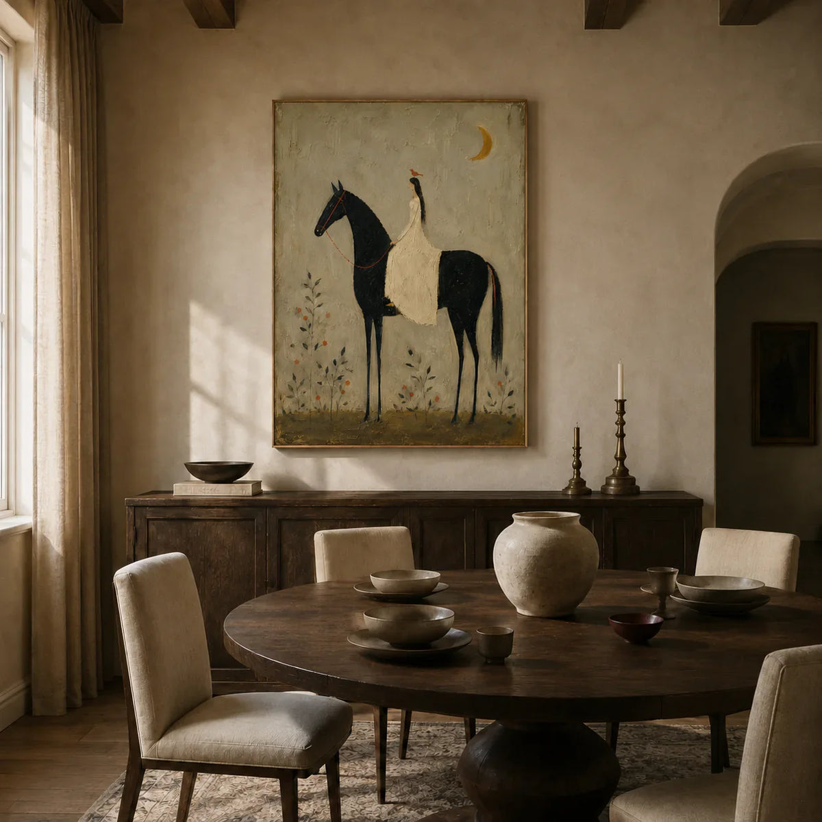 Moonlit Rider Horse Wall Art styled in a dining room | Olyrel