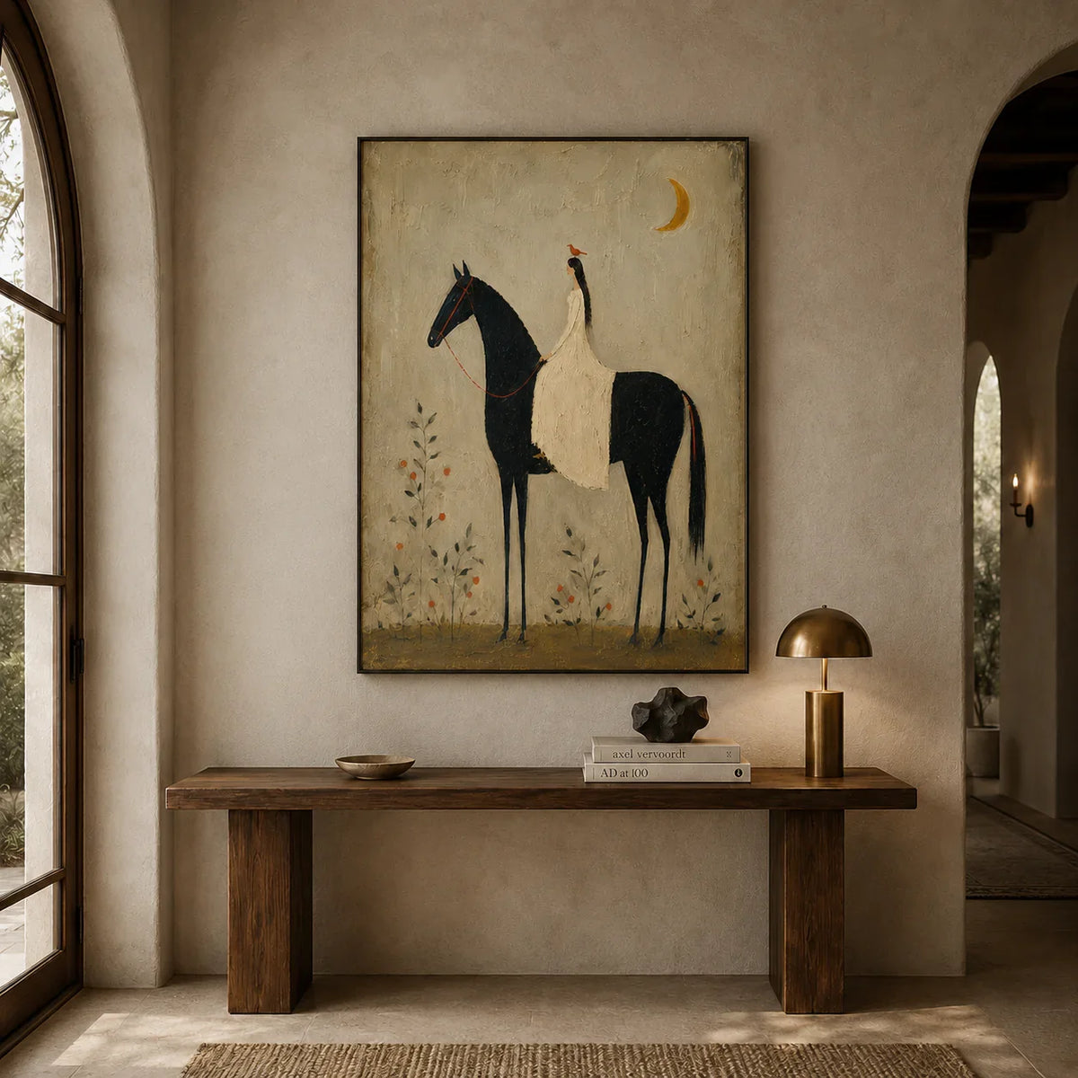 Moonlit Rider Horse Wall Art styled in a entryway | Olyrel