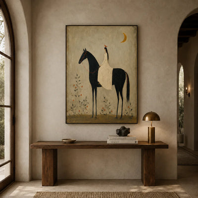 Moonlit Rider Horse Wall Art styled in a entryway | Olyrel