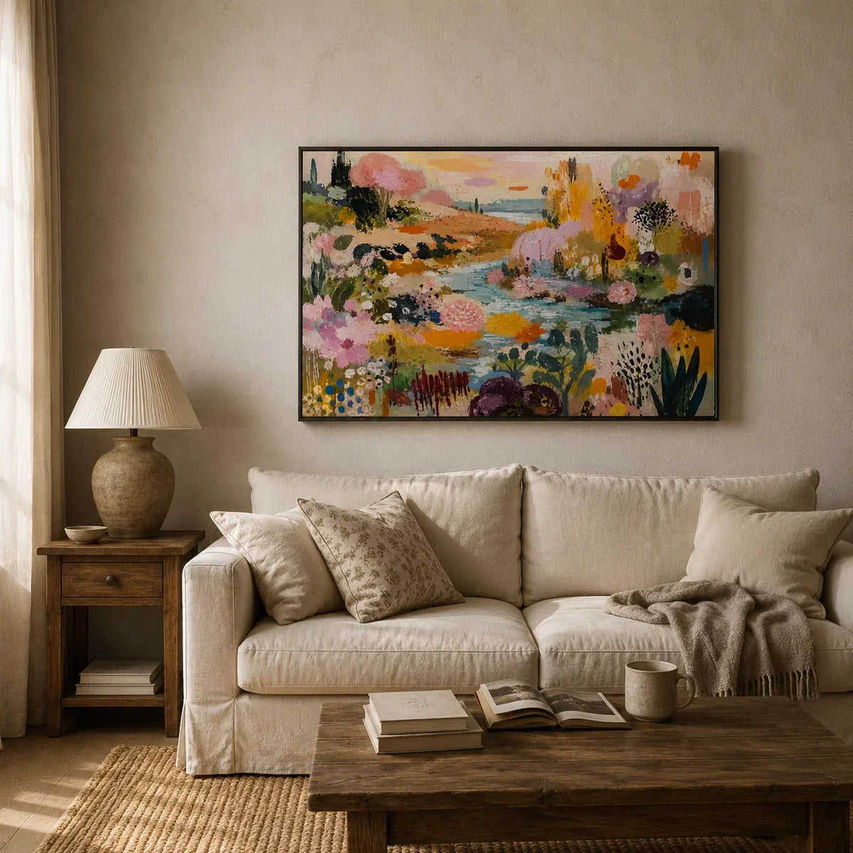 Blush Garden Stream Wall Art styled interior scene 1 | Olyrel