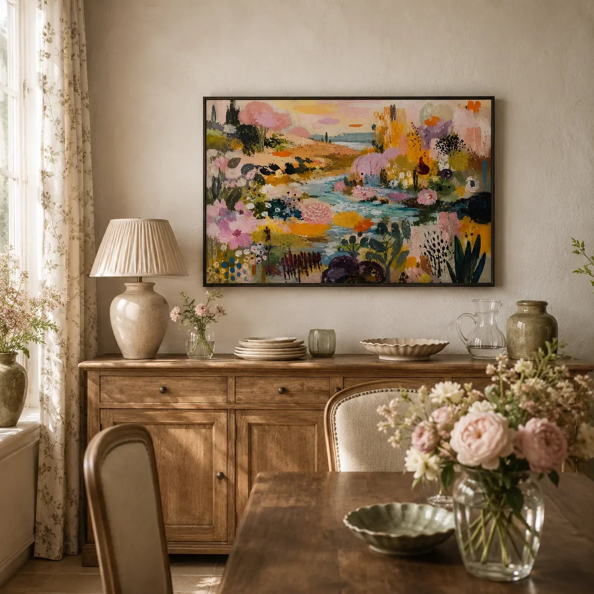 Blush Garden Stream Wall Art styled interior scene 2 | Olyrel