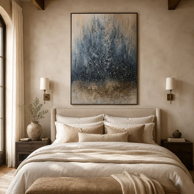 Blue Mist Abstract Wall Art shown in a calm bedroom setting | Olyrel