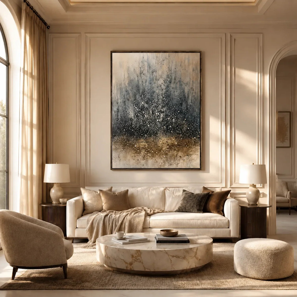 Blue Mist Abstract Wall Art displayed in a bright dining room | Olyrel