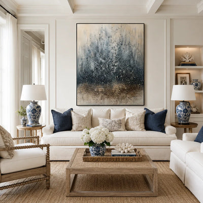 Blue Mist Abstract Wall Art shown in a quiet home office | Olyrel