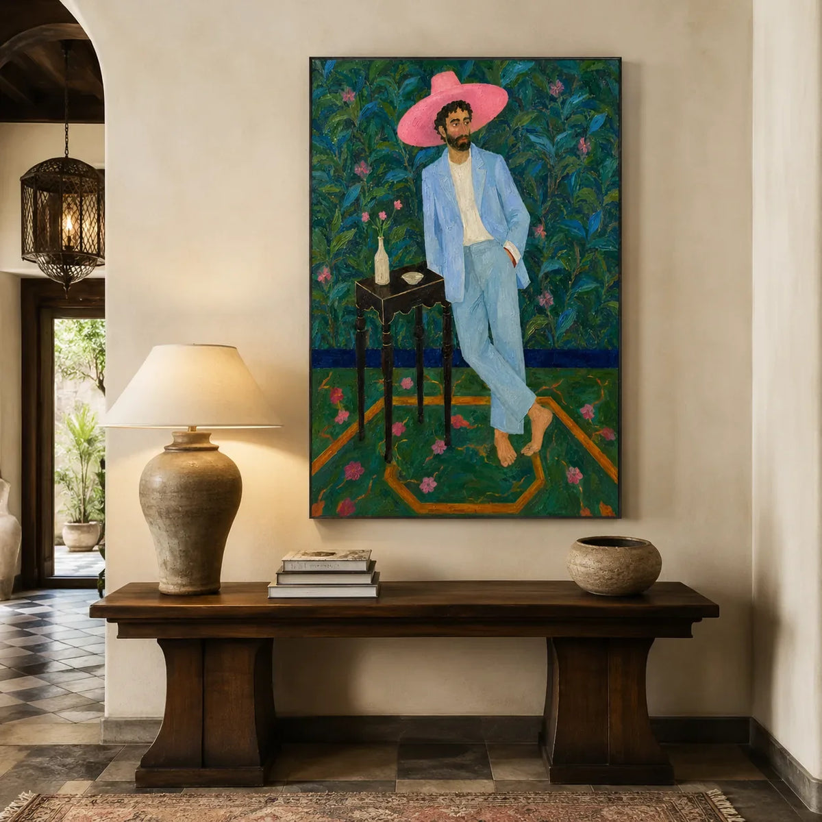 Pink Hat Gentleman Wall Art styled interior scene 2 | Olyrel